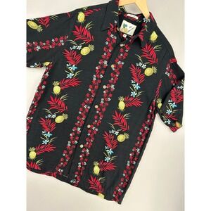 Ron Chereskin Mens Sz M Hawaiian Shirt Black Pineapple Tropical Rayon Button Up